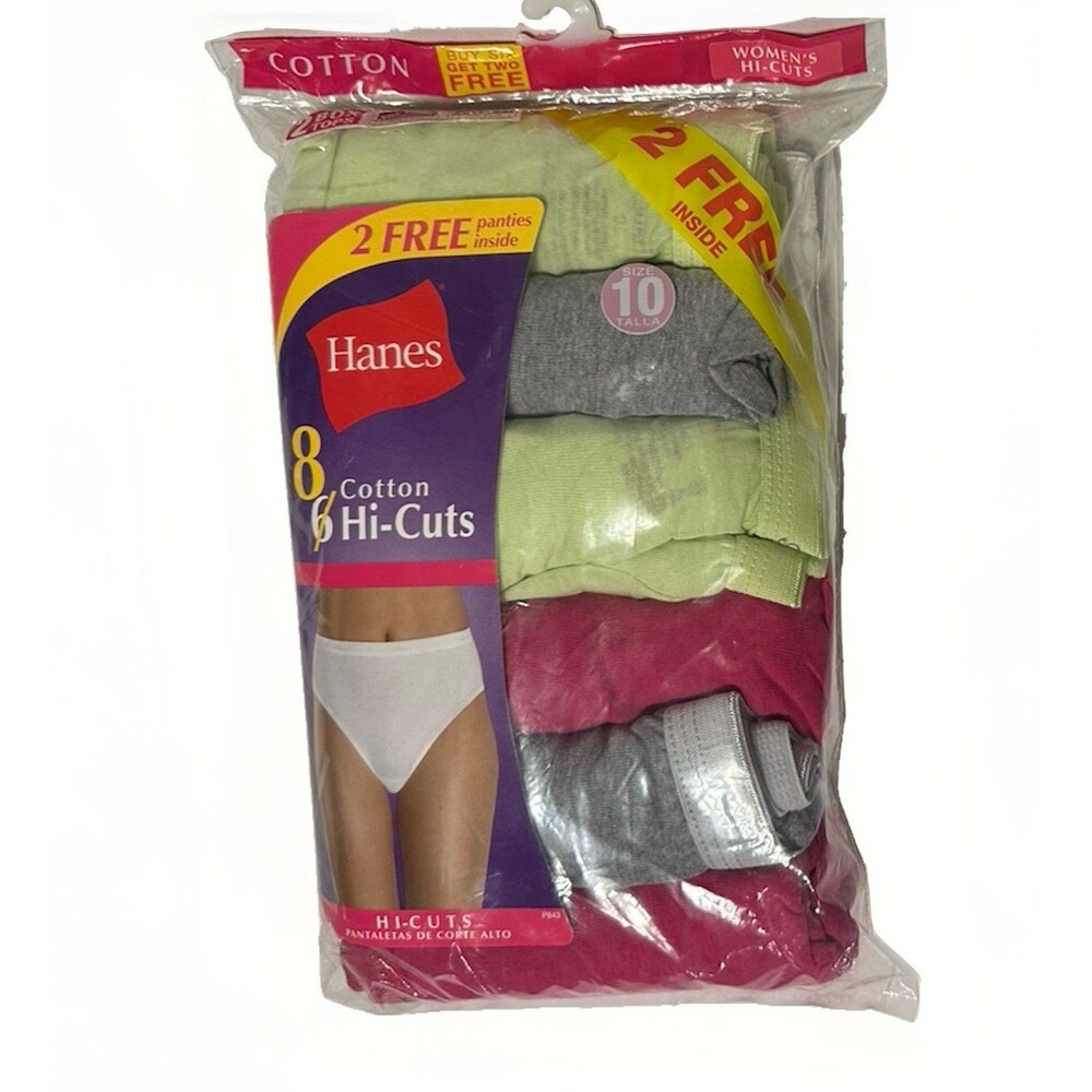 Hanes Underwear Panties 8 Pack Hi-Cuts 100% Cotton Pink Gray Green White Size 10